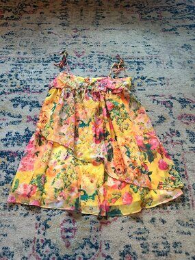 For Love Bell Yellow Floral Tie-Shoulder Coquette Babydoll Slip Mini Dress - S